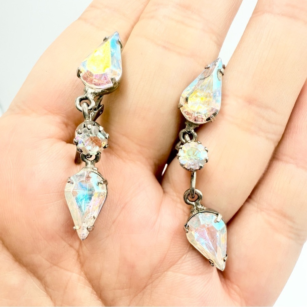 Vintage Silver Tone Aurora Borealis Crystal Glass Drop Earrings